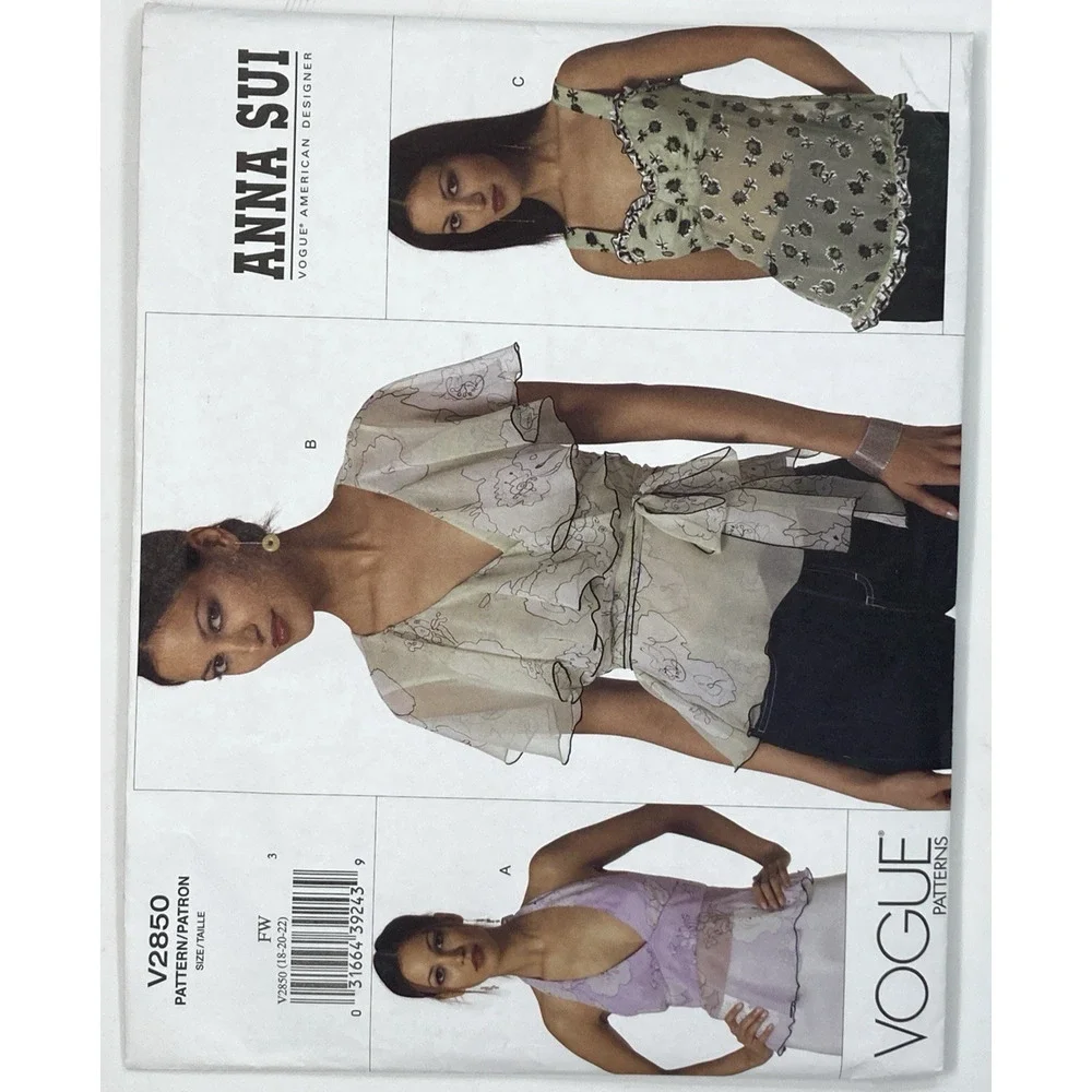 Vogue V2850 Anna Sui Flirty Empire Waist Tops Sewing Pattern Sz 18-20-22 Uncut